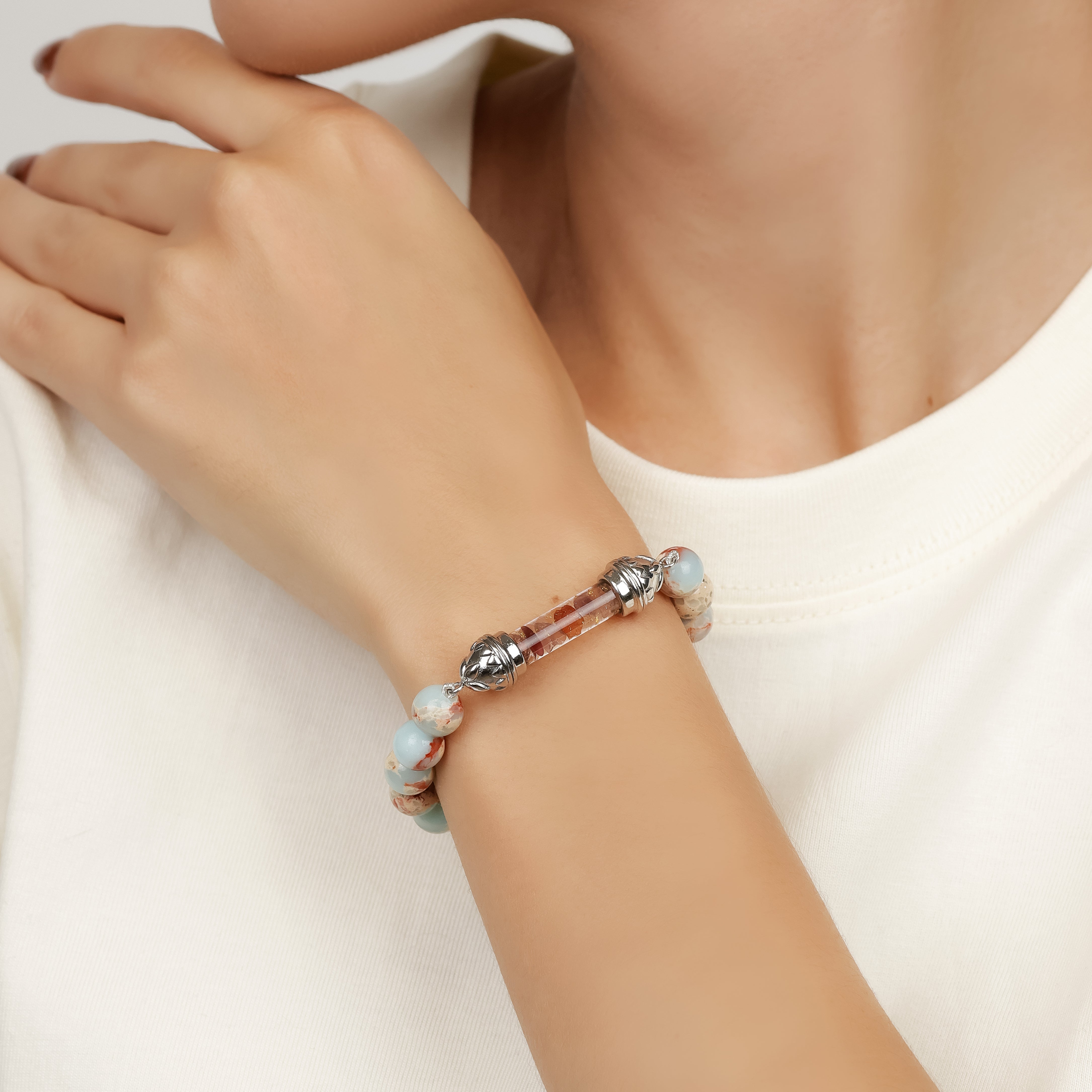 Bracelet en Shoushan Jasper et Amulette Sacrée en Spinelle - Stabilité émotionnelle et créativité