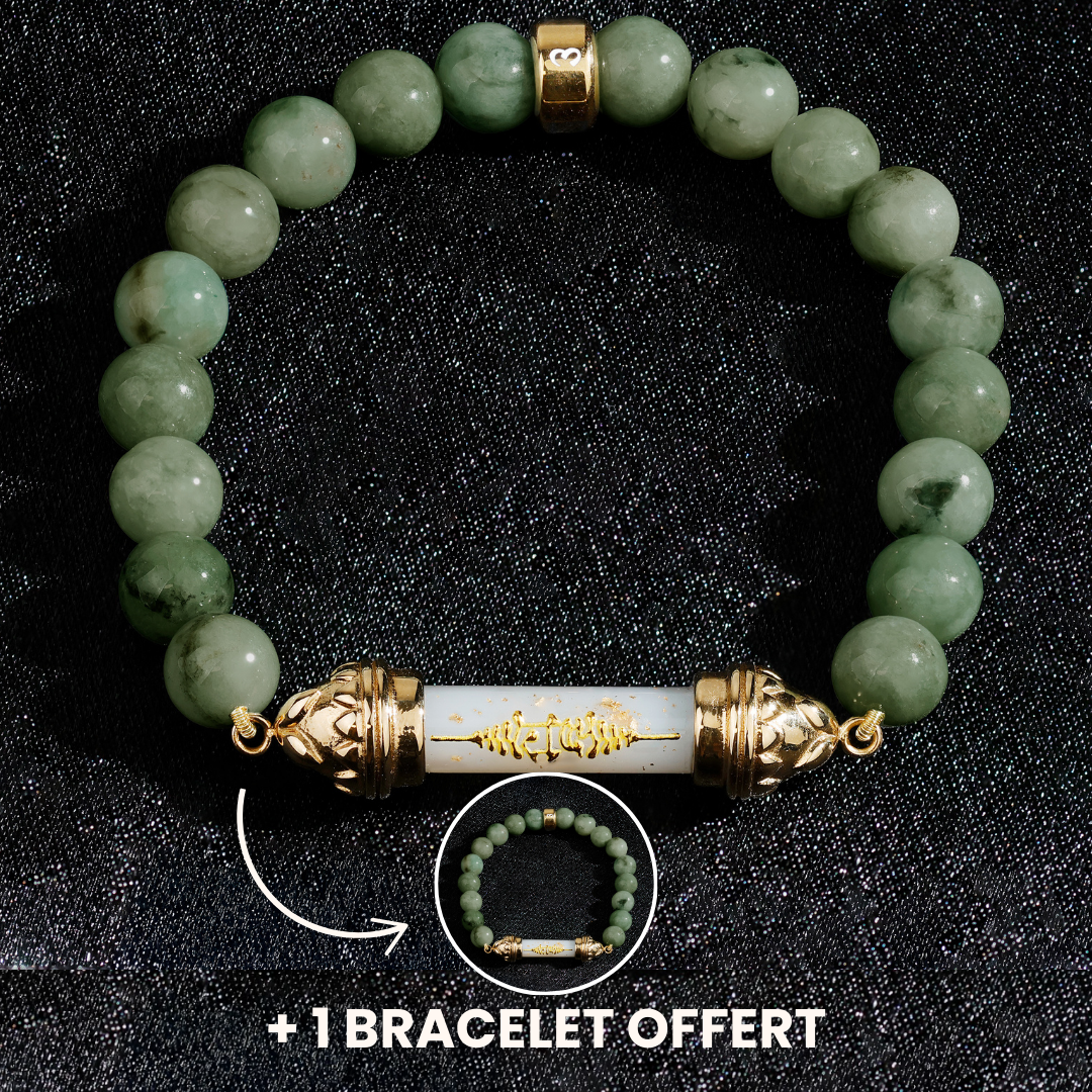 Bracelet en jade et Amulette sacrée Takrut en cire d'abeille - Prospérité et richesse