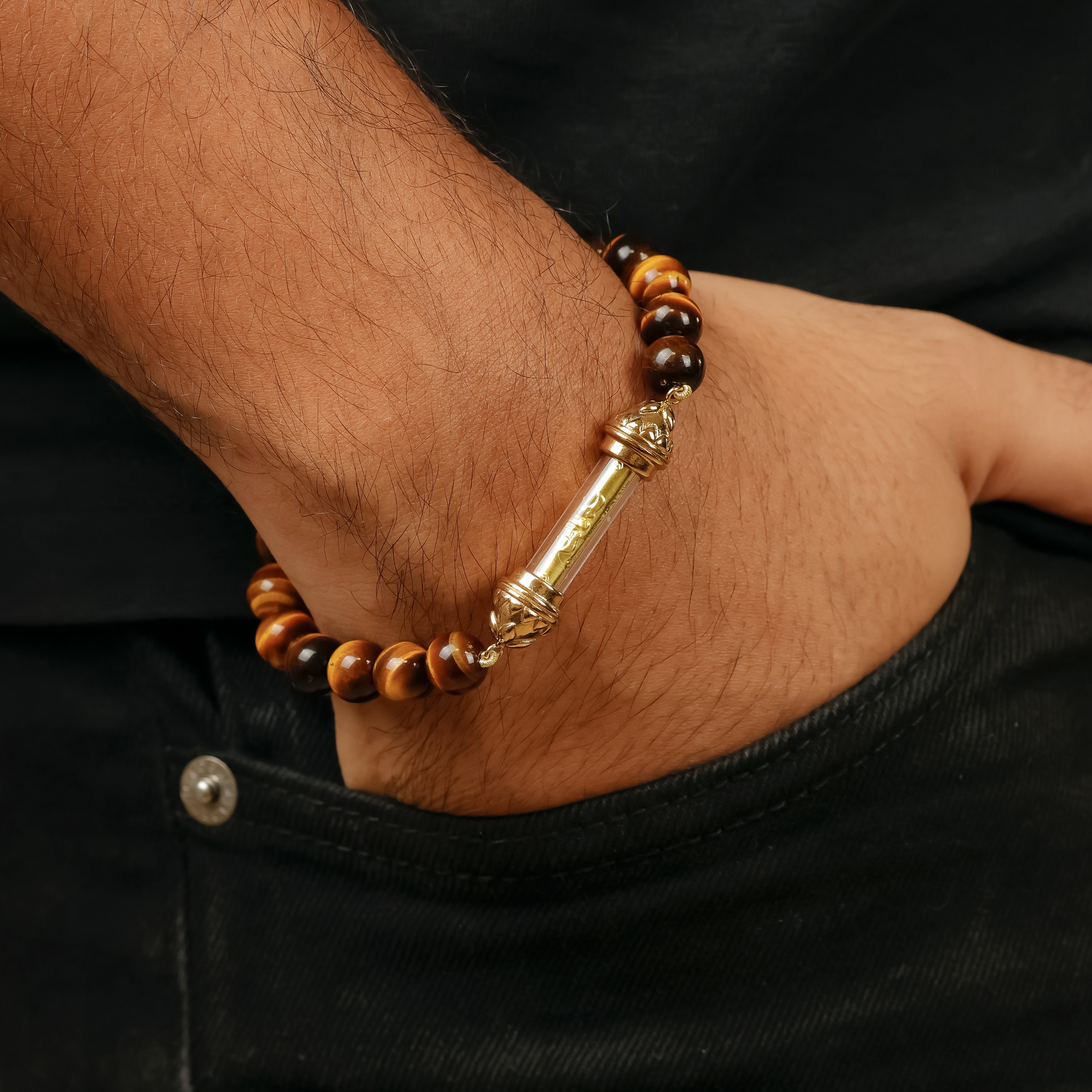 Bracelet en Œil de tigre et Amulette Sacrée Takrut en Or - Attirer la chance