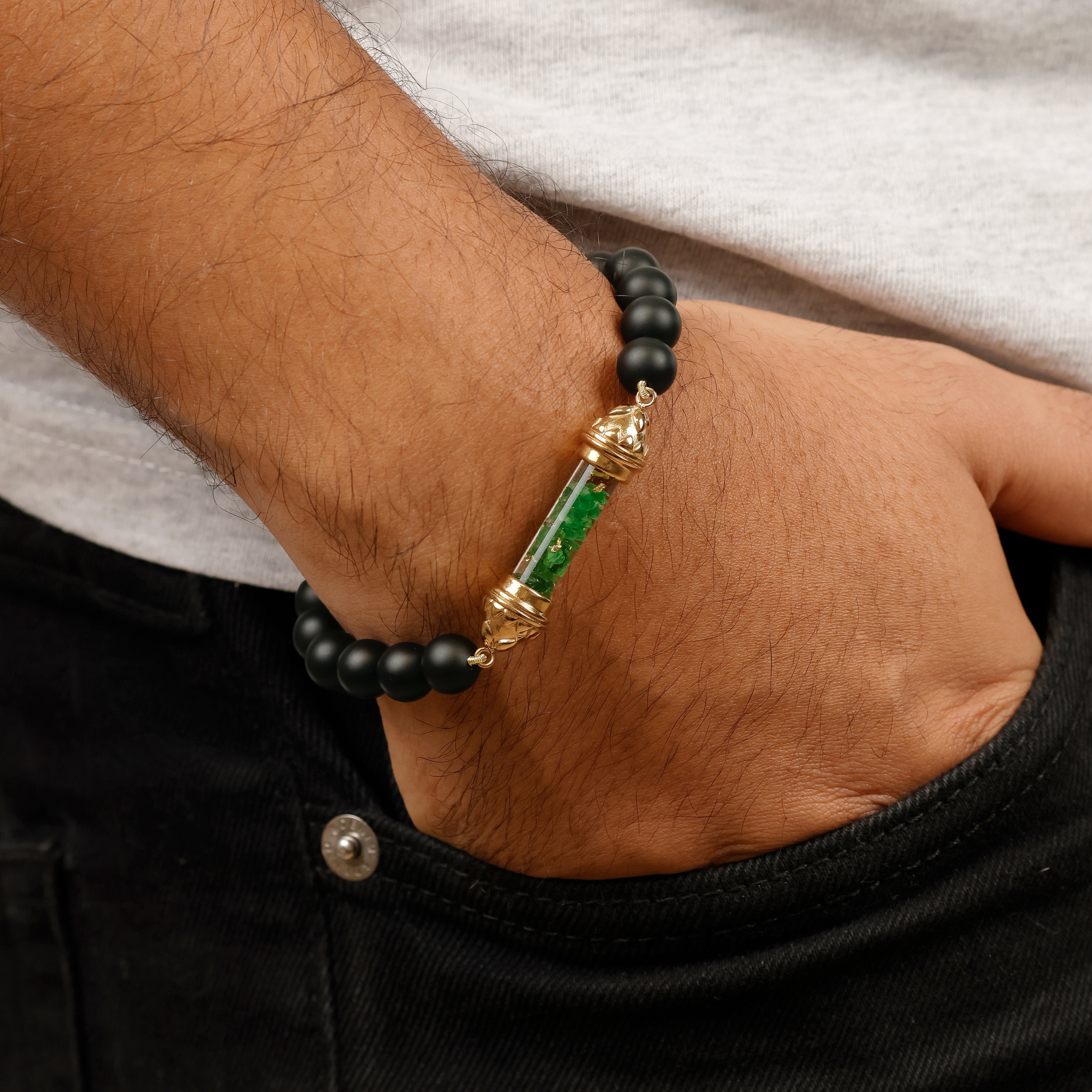 Bracelet en Onyx et Amulette Sacrée en Tsavorite - Force et Protection