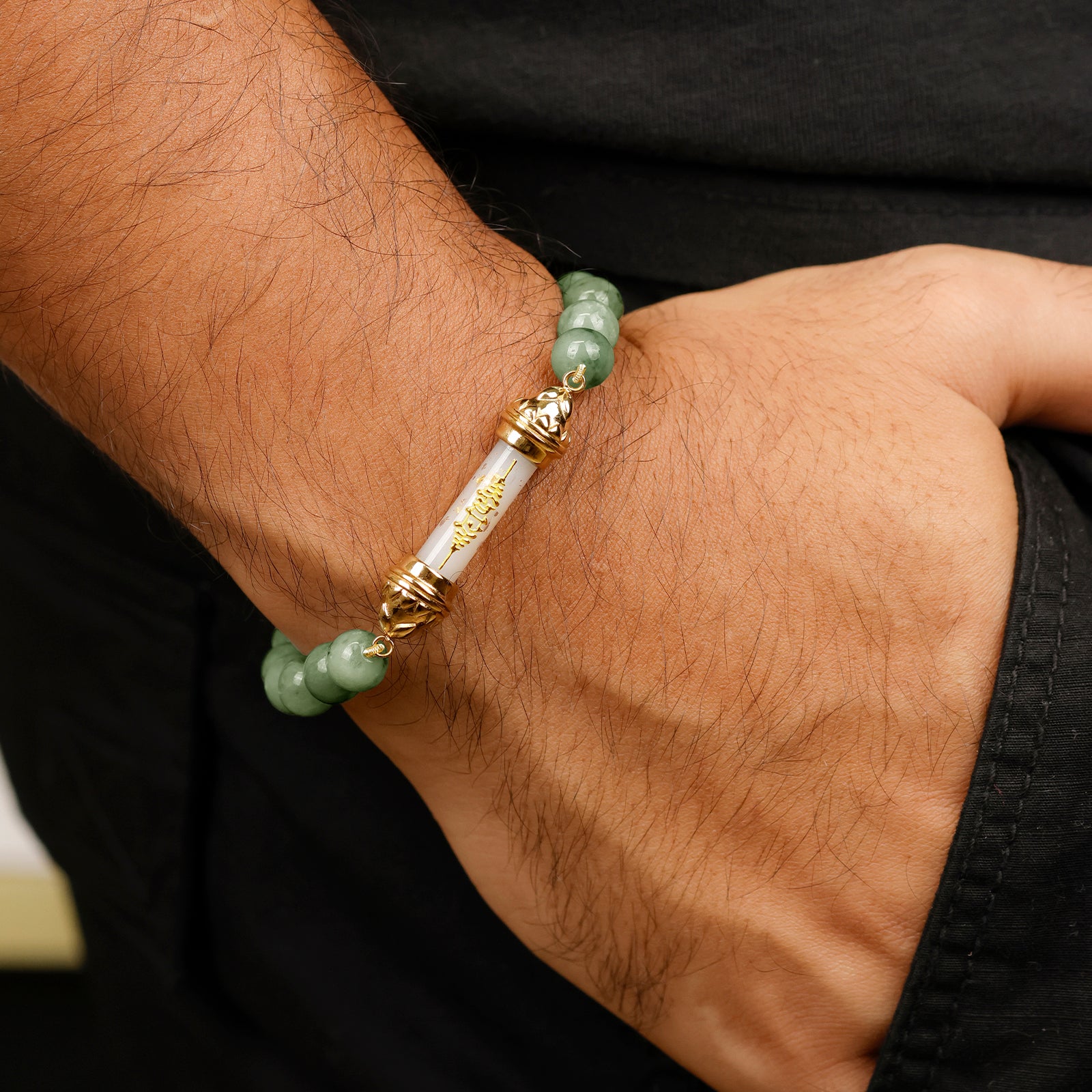 Bracelet en jade et Amulette sacrée Takrut en cire d'abeille - Prospérité et richesse