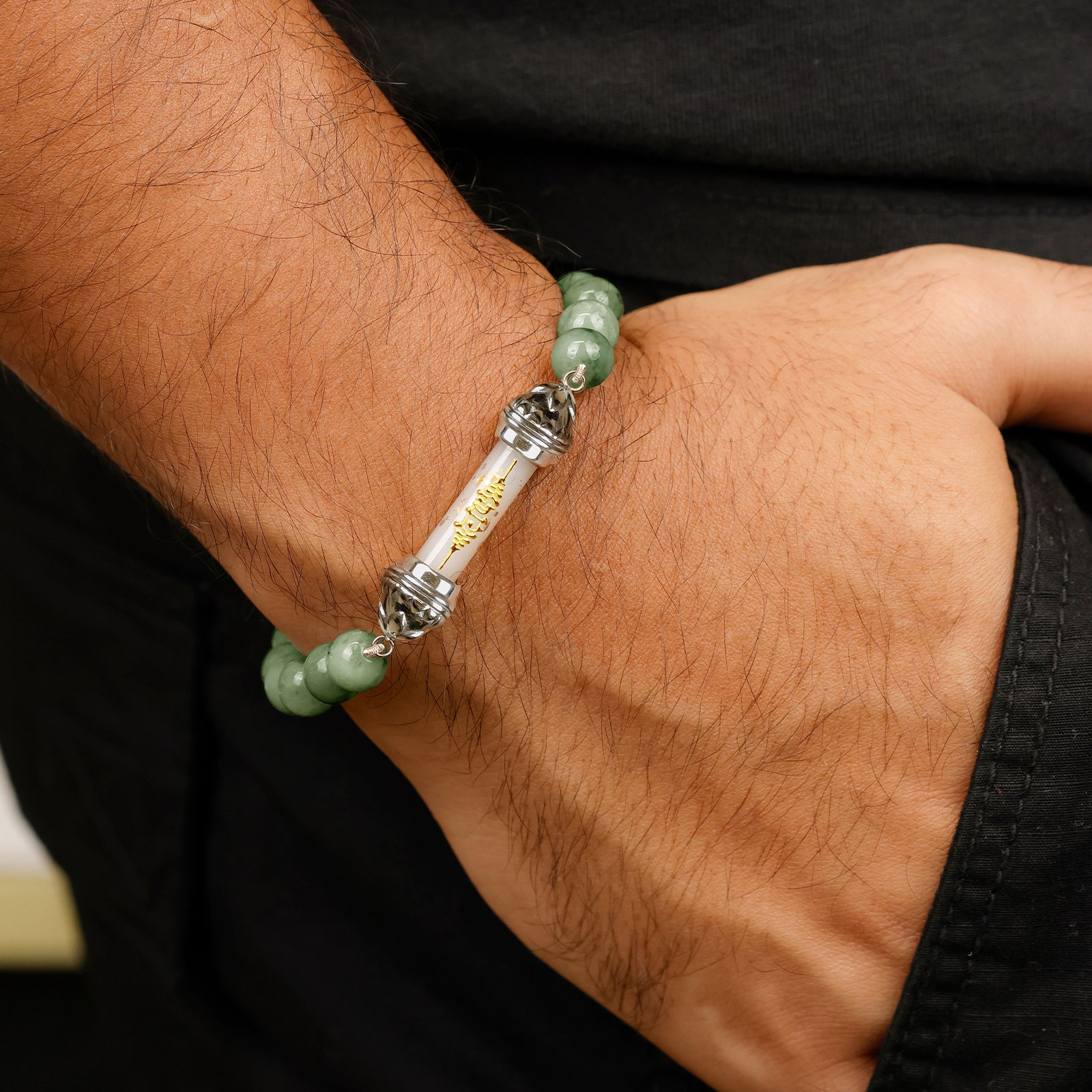Bracelet en jade et Amulette sacrée Takrut en cire d'abeille - Prospérité et richesse