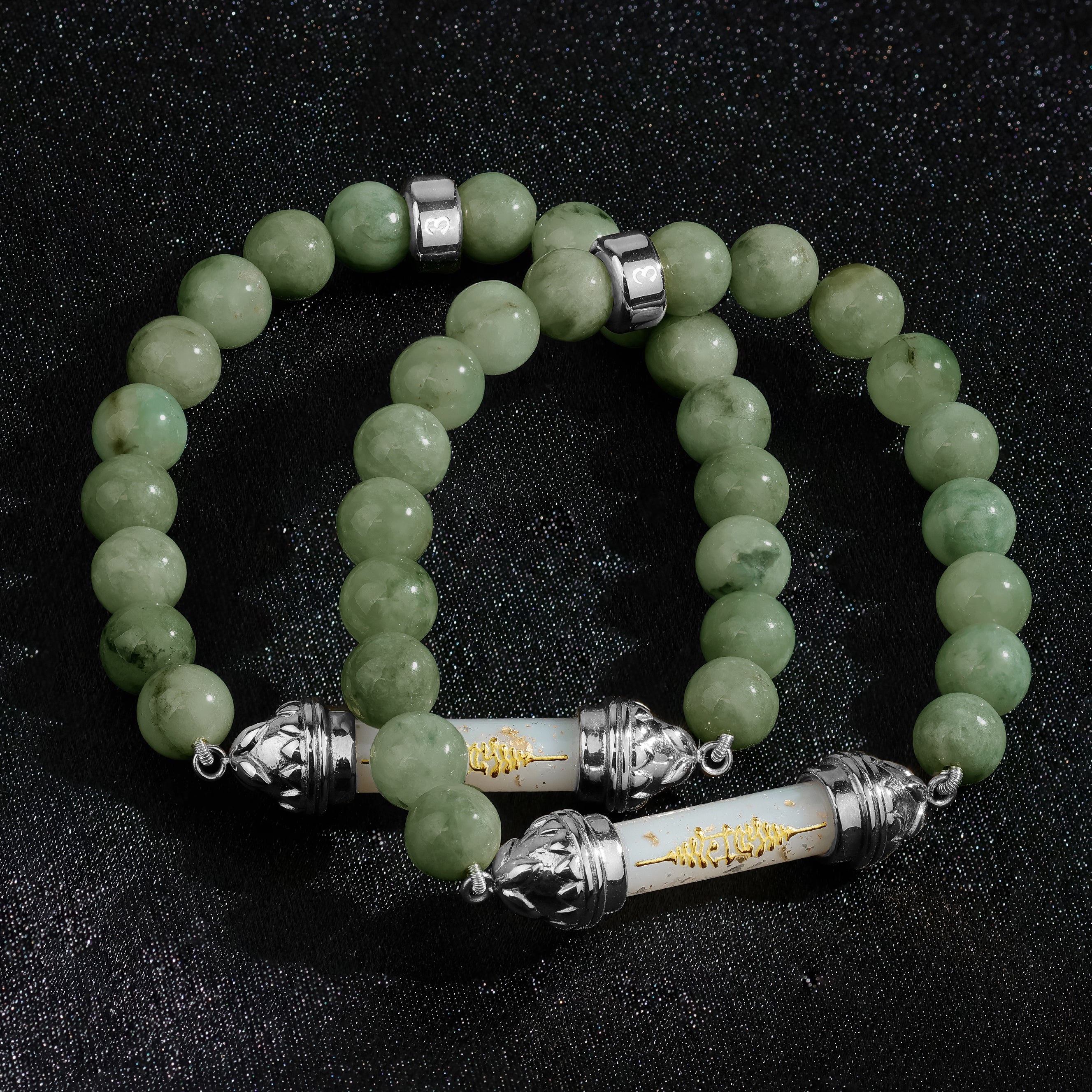 Bracelet en jade et Amulette sacrée Takrut en cire d'abeille - Prospérité et richesse