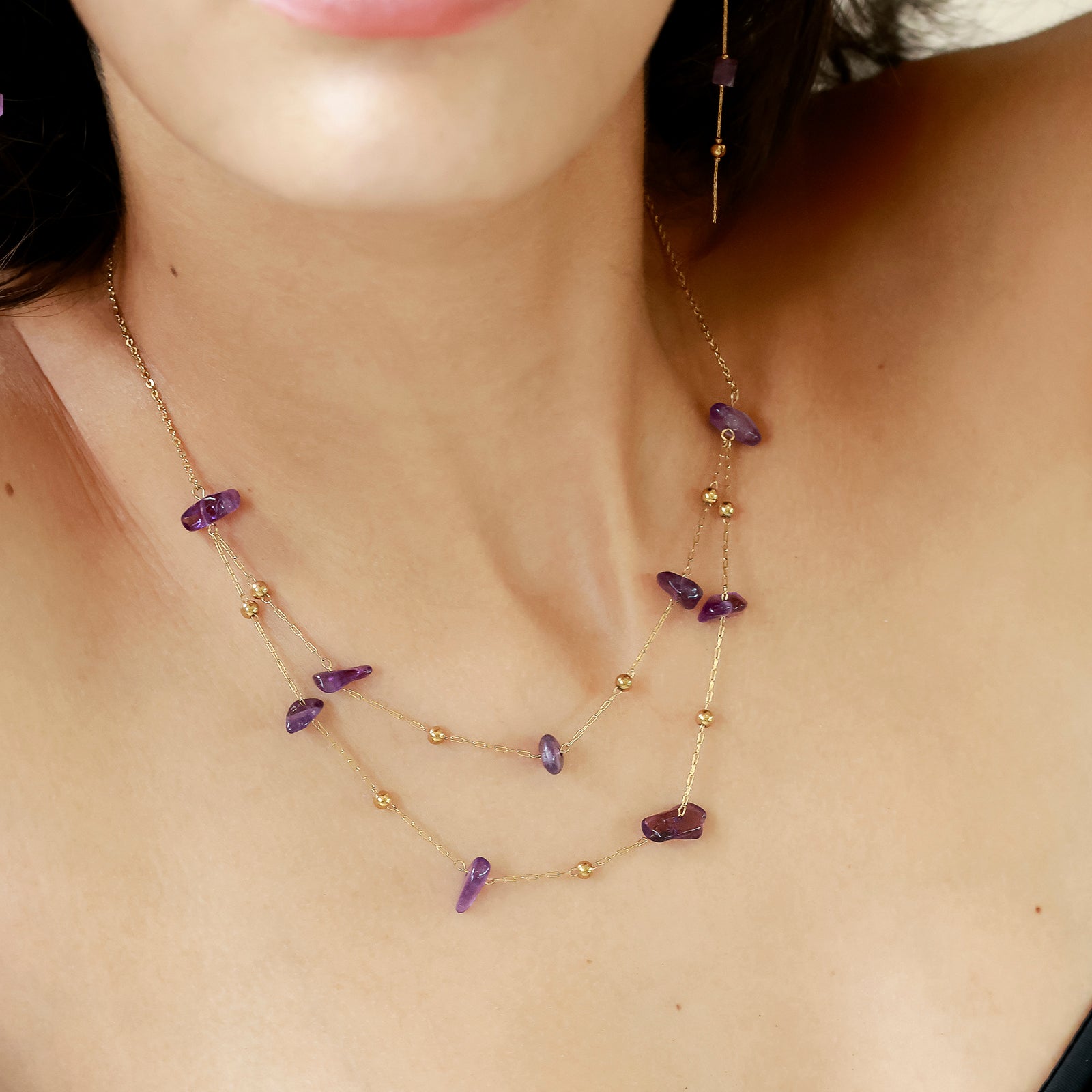 Collier Astra — Améthyste & double chaîne dorée