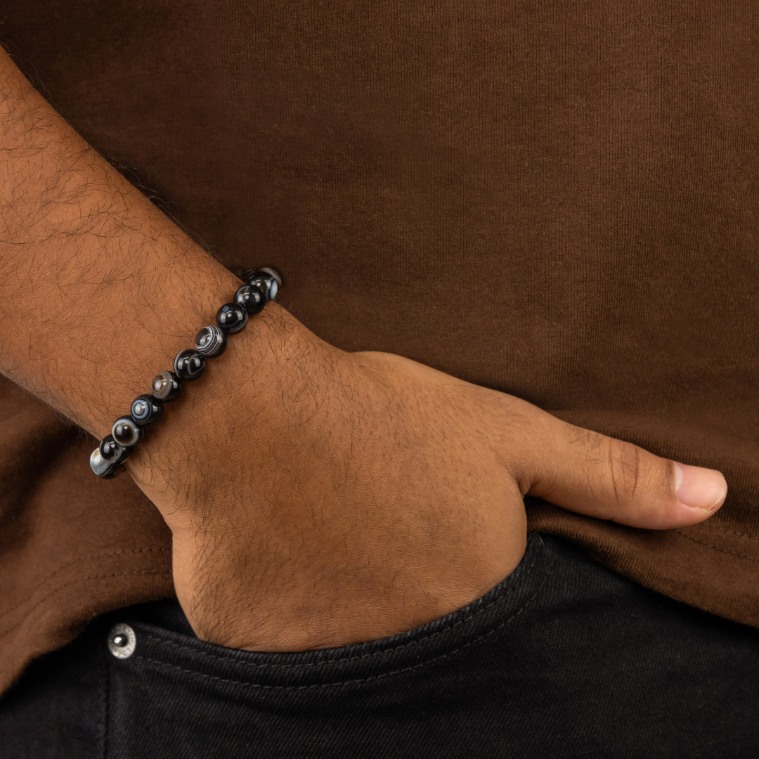 Bracelet Homme en Agate noire naturelle qualité A (boules 8mm)