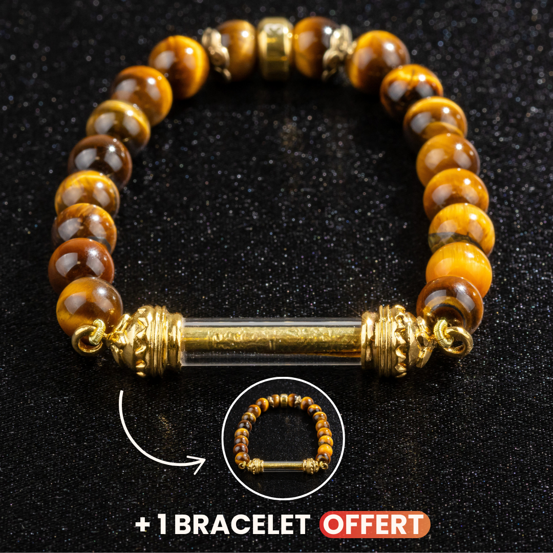 Bracelet en Œil de tigre et Amulette Sacrée Takrut en Or - Attirer la chance