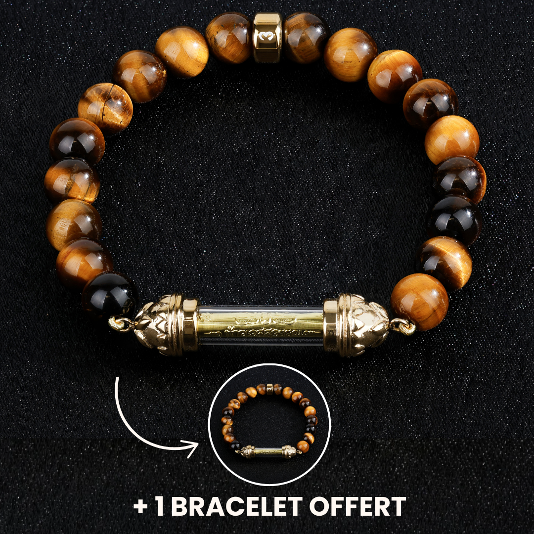 Bracelet en Œil de tigre et Amulette Sacrée Takrut en Or - Attirer la chance