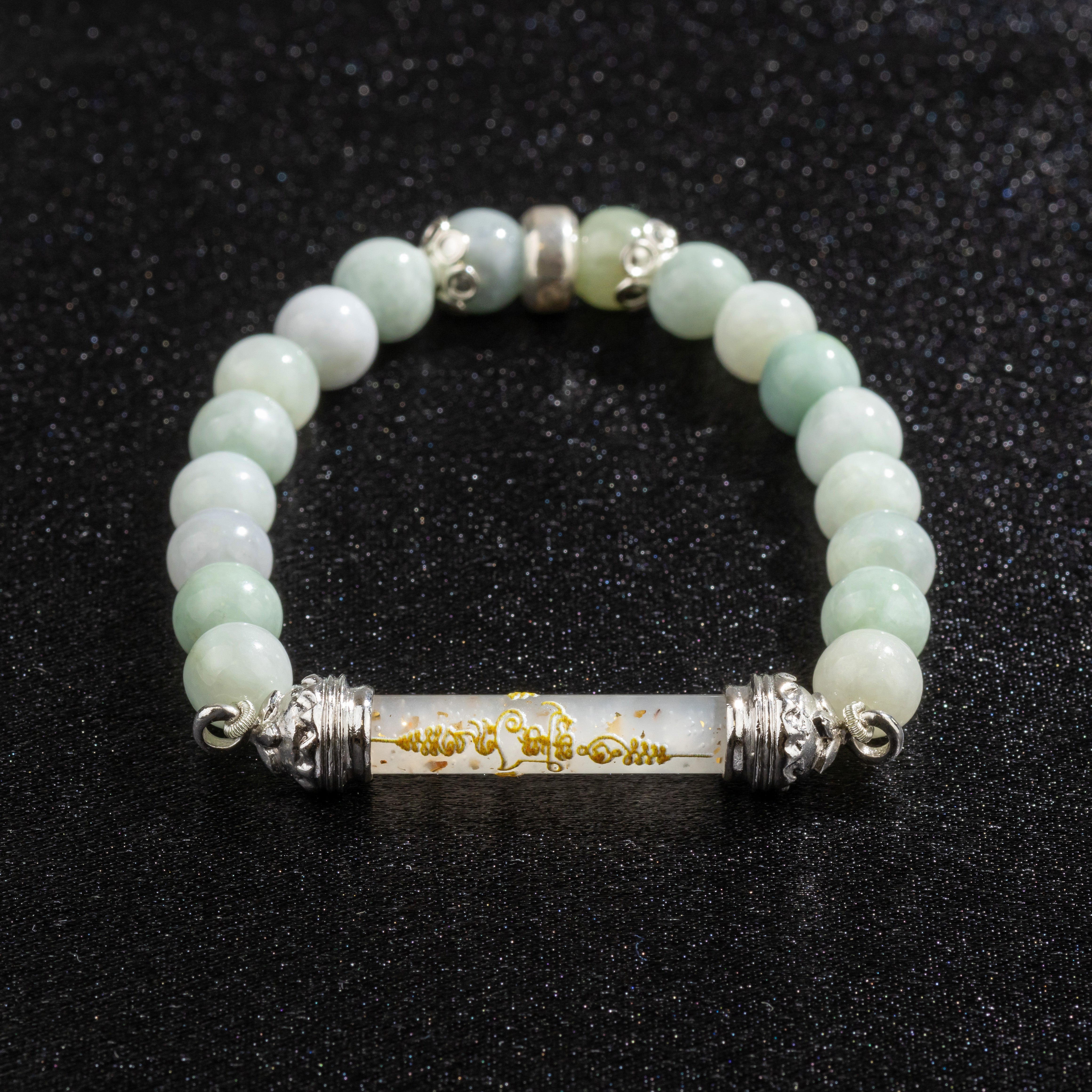 Bracelet en jade et Amulette sacrée Takrut en cire d'abeille - Prospérité et richesse