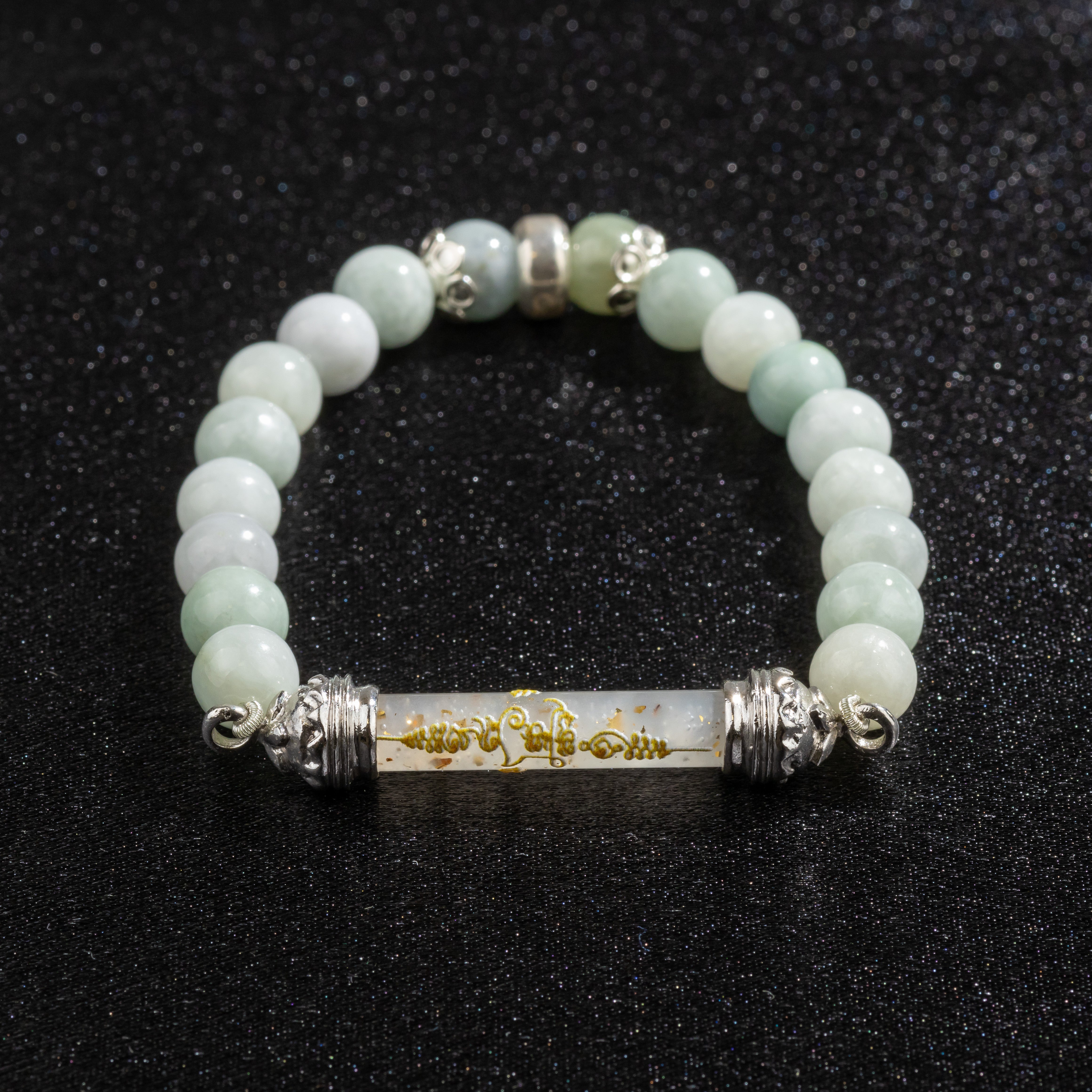 Bracelet en jade et Amulette sacrée Takrut en cire d'abeille - Prospérité et richesse