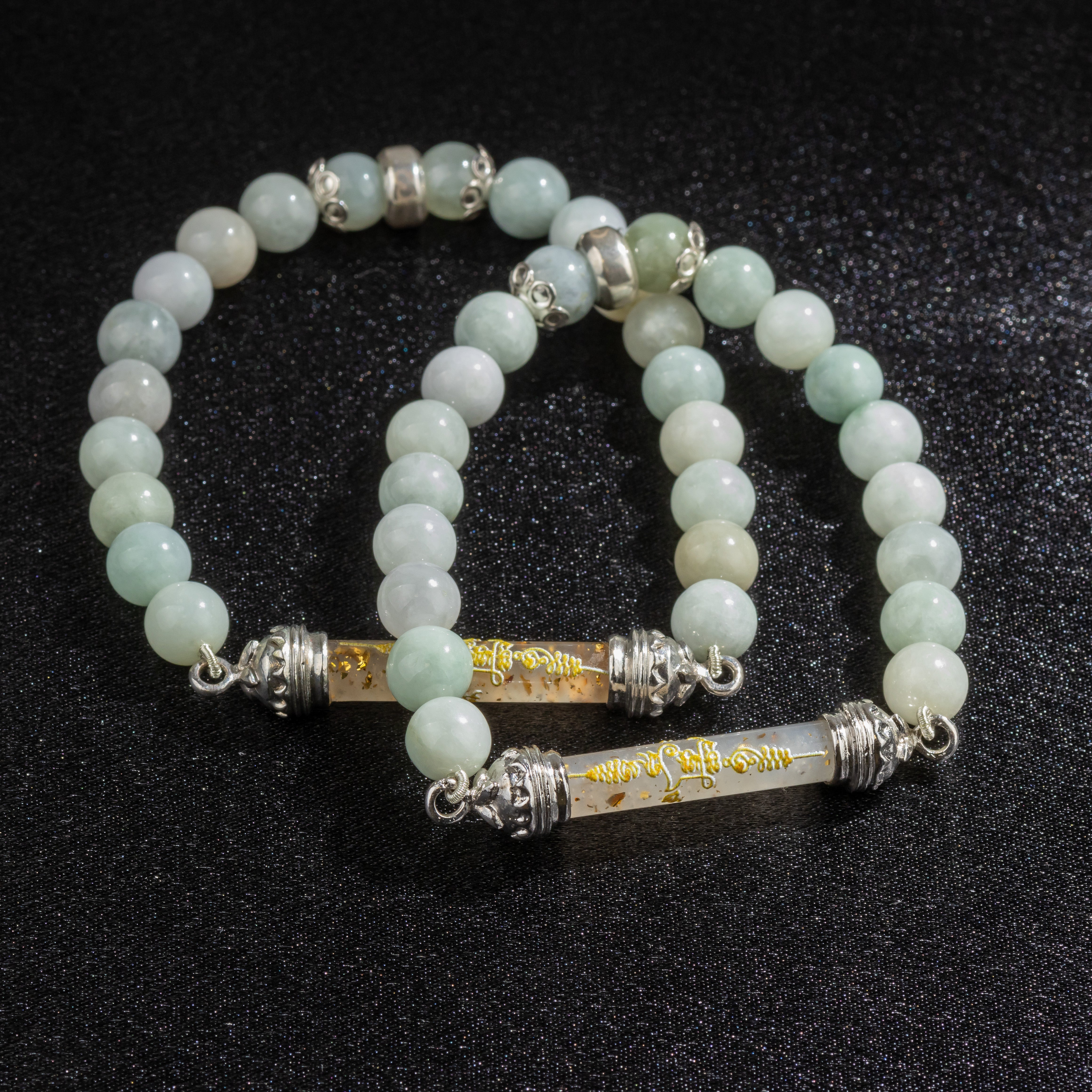 Bracelet en jade et Amulette sacrée Takrut en cire d'abeille - Prospérité et richesse