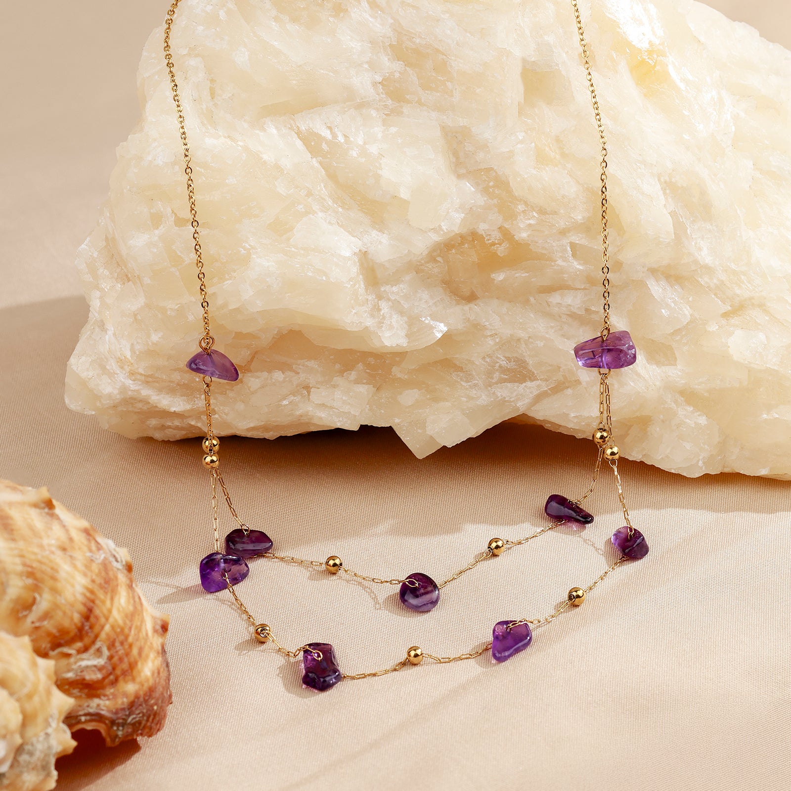 Collier Astra — Améthyste & double chaîne dorée