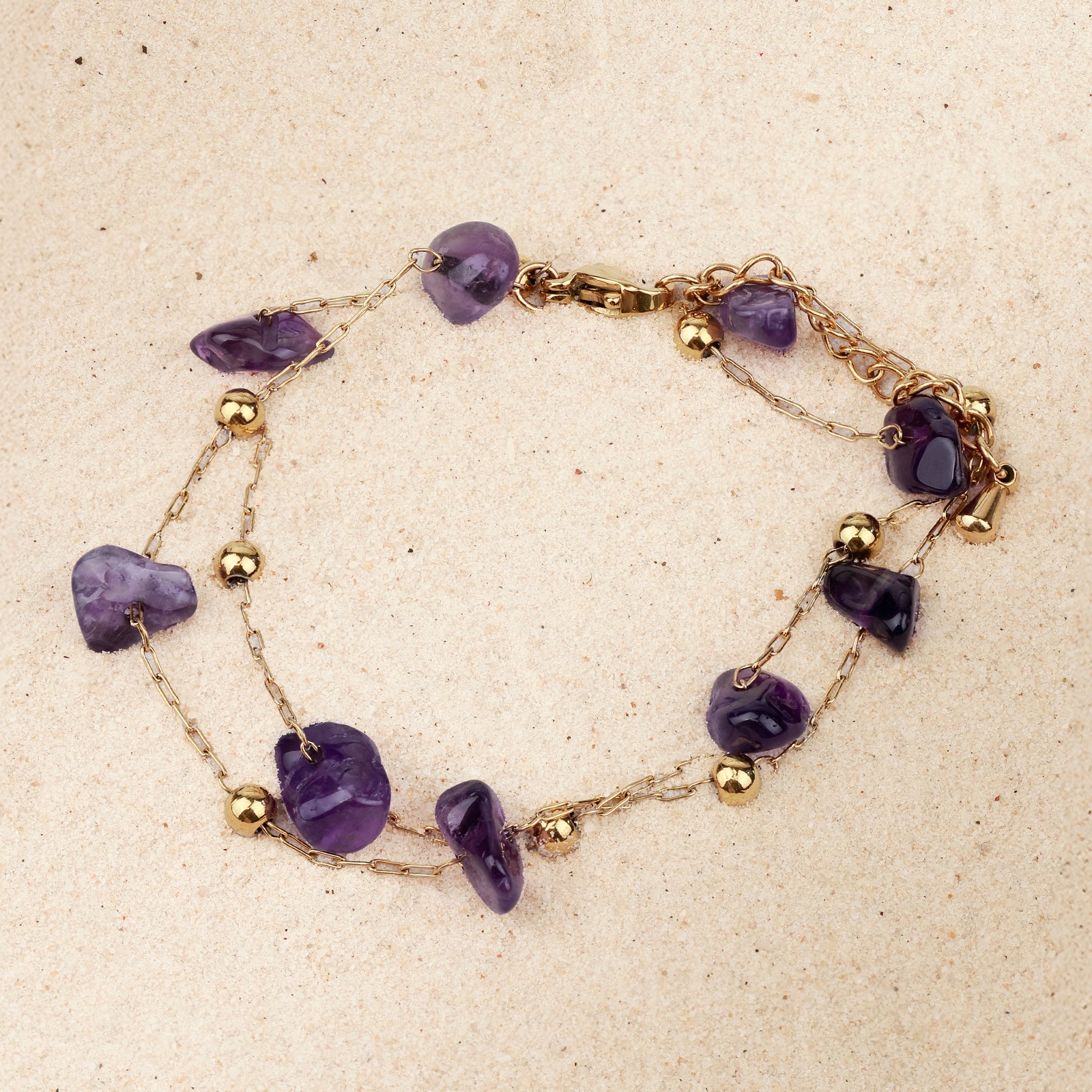 Bracelet Amara — Améthyste & double chaîne dorée